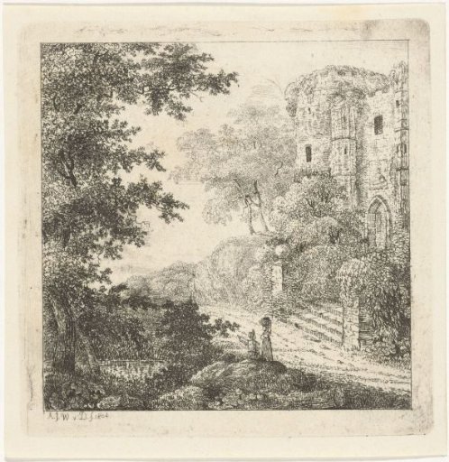 Landscape with figures near castle ruin