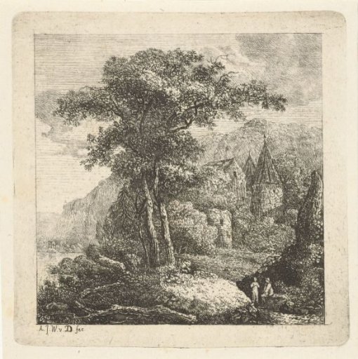 Mountainous landscape with trees, castle and two figures