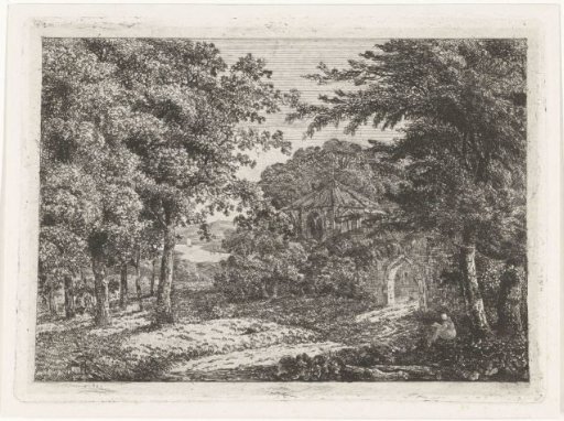 Landscape with chapel among trees and a reading monk