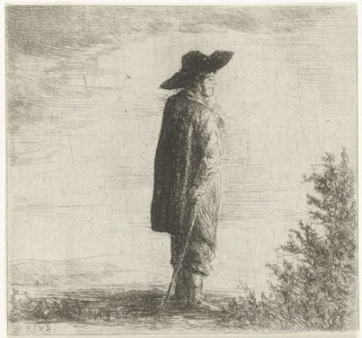 Man with hat and staff in landscape