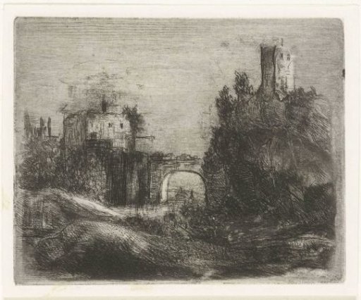 Southern landscape with gate and tower on rock