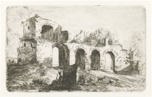 Southern landscape with a ruin and a shepherd with cattle