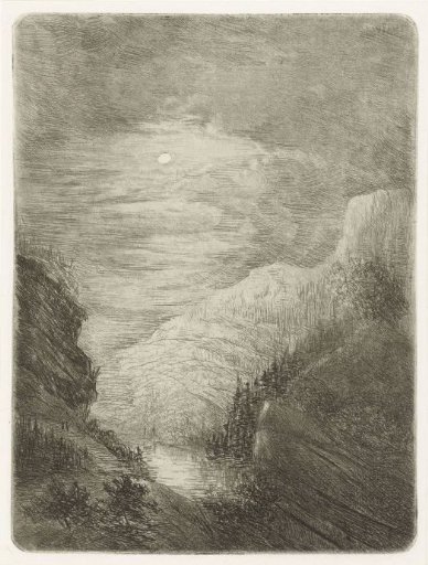 Mountain landscape with river in moonlight