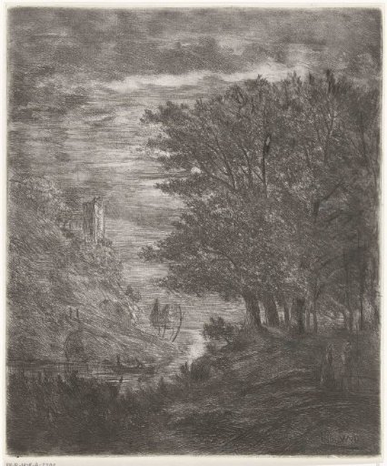 Hilly landscape with a ruin and a small boat on water by moonlight