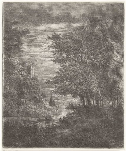 Hilly landscape with a ruin and a small boat on water by moonlight