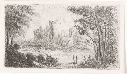 Landscape with ruin of castle and two figures