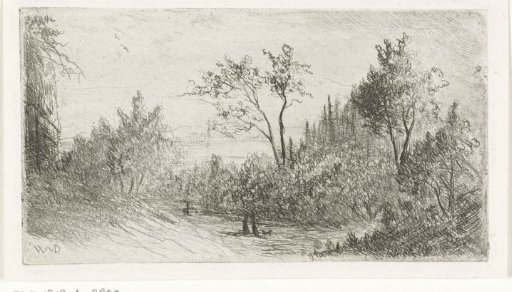 Hilly landscape with walkers and dog at forest edge