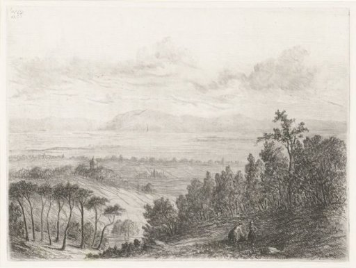 Hilly landscape with two women at the edge of the woods