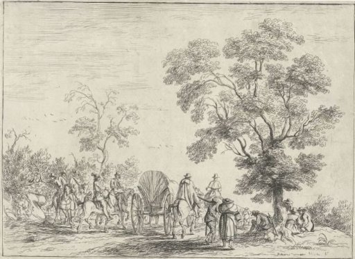 Covered wagon escorted by riders