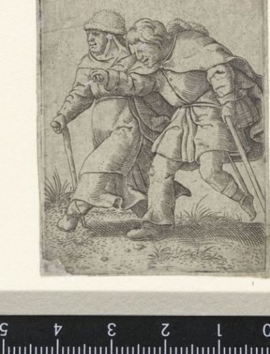 Dancing woman and blind man dressed as peasants