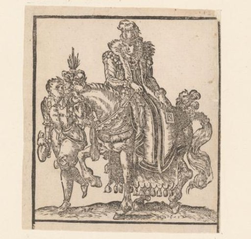 Woman on horseback with a servant at her side