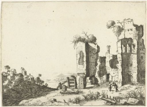 Man Leaning on a Stick in Front of a Ruin
