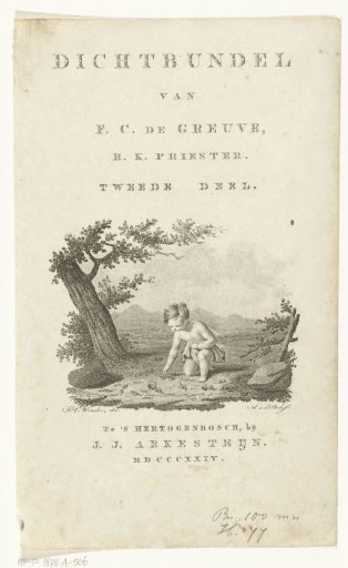 Title page with landscape showing a child gathering flowers and text