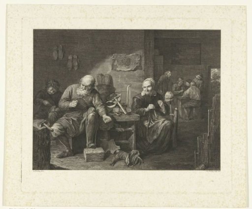 Shoemaker in his workshop and a spinning woman