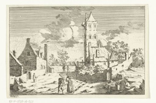Village view with houses and tower on a sandy road with figures