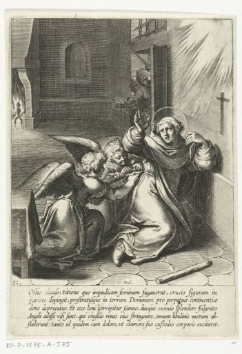 Two angels tie a cord around Thomas's middle