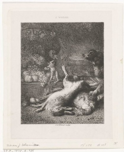 A Monkey and a Dog with Dead Game and Fruit