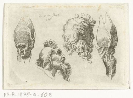 Study sheet with four heads, two of which with a mitre