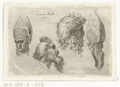Study sheet with four heads, two of which with a mitre