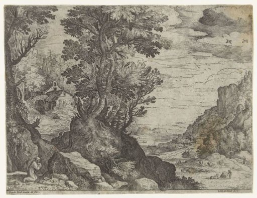 Mountain landscape with praying hermit