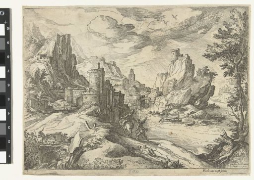 Rocky coast in Campania with town and travellers