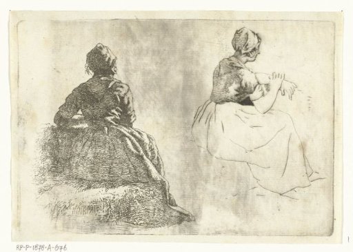 Two figure studies of a peasant woman sitting on a hay bale