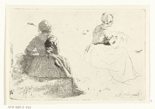 Two figure studies of a peasant woman sitting on a hay bale