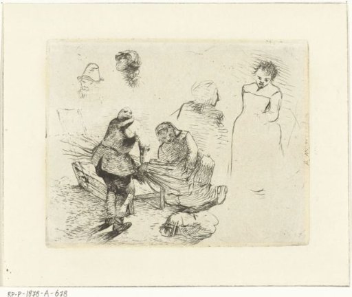 Study sheet with a man with a bundle of sticks and a kneeling woman by a sled