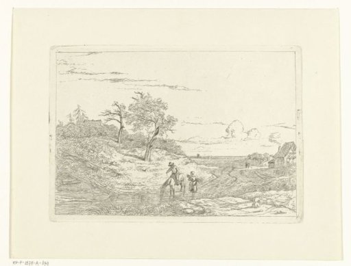 Landscape with a rider letting a horse drink and a girl with a bundle of sticks