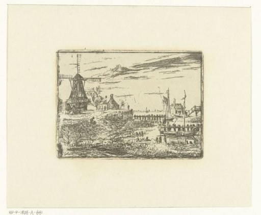 Landscape with a mill and a ship in harbour