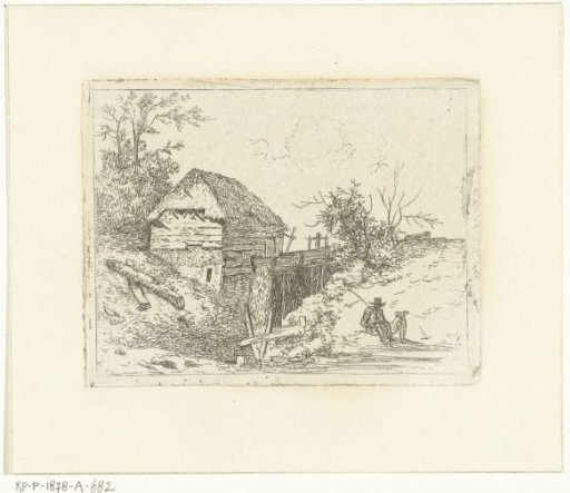 Landscape with a watermill and a man with a dog