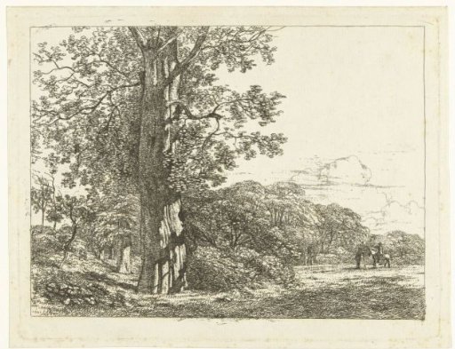 Landscape with a large beech tree and a rider in conversation with a man