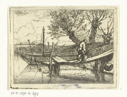 Landscape with a small landing stage on which a walking man with a bucket