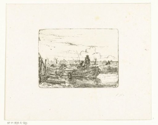 Polder landscape with two men on a boat