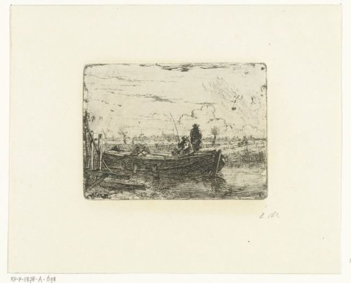 Polder landscape with two men on a boat