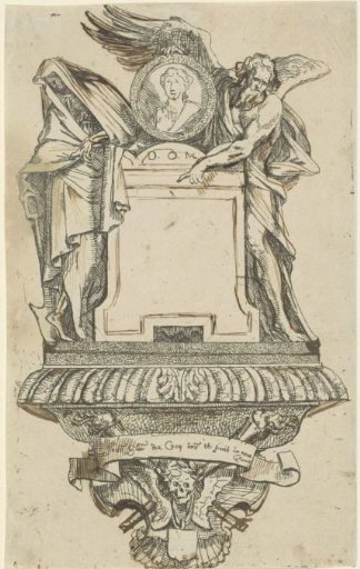 Design for a monument with the portrait of a woman held by Time