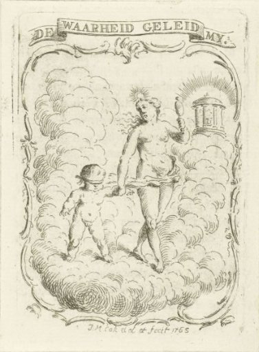 Vignette with a blindfolded child led by Truth