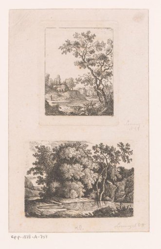 Two landscapes with hills, a lake and woodland