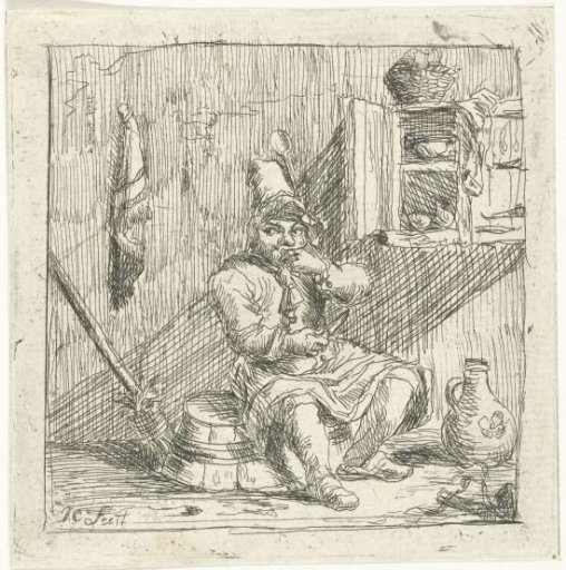 Man sitting in the kitchen on an overturned wash tub eating