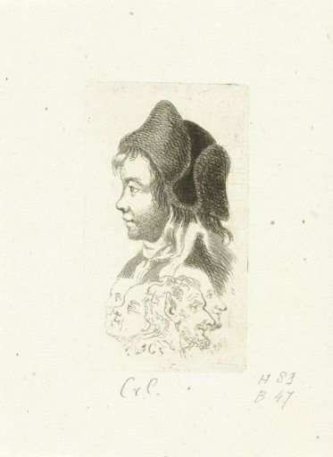Boy with spike on head and four heads including head of satyr