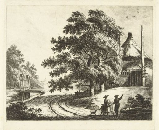 Landscape with haystack on mound by road along ditch