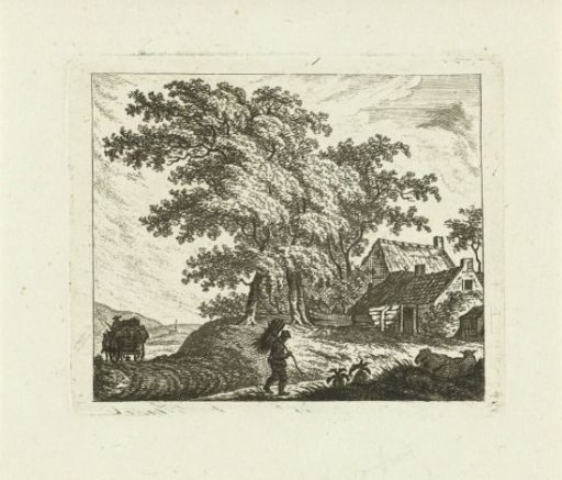 Landscape with farm and man with bundle of sticks