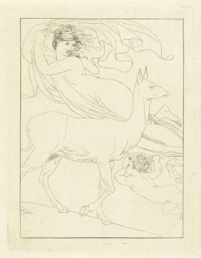 Venus and Amor floating in the air near a stag