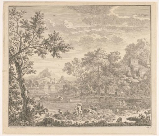 Arcadian landscape with bathing people