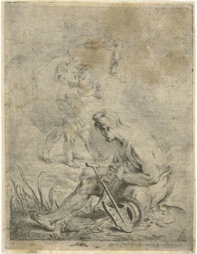 River god looking at two putti