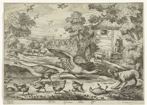 Landscape with two geese defending their young