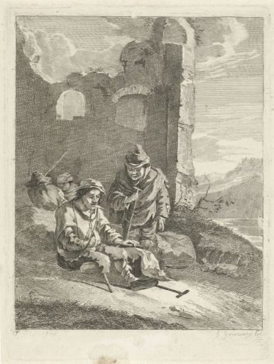 Four figures at a ruin