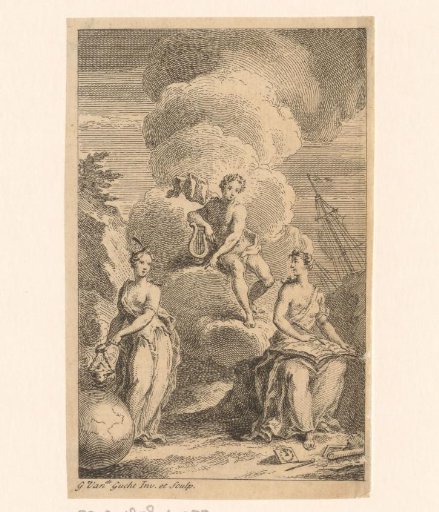 Apollo descends from a cloud, below stand two female figures