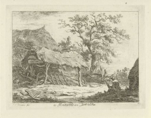 Seated figure by a barn