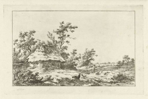 Man with a rake by a barn